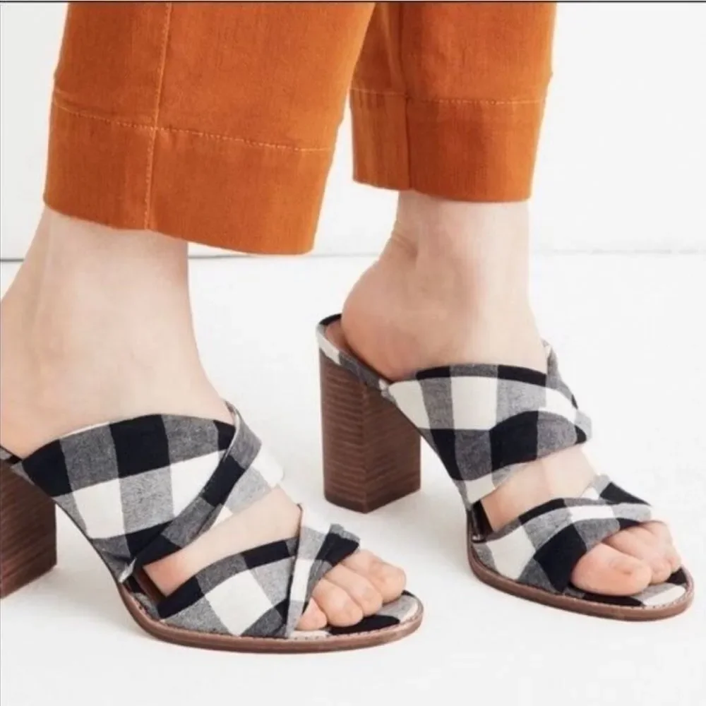 Madewell Alexandria Gingham Block Heel Sandals Twist Strap Black White Mule 7.5 - Picture 2 of 14